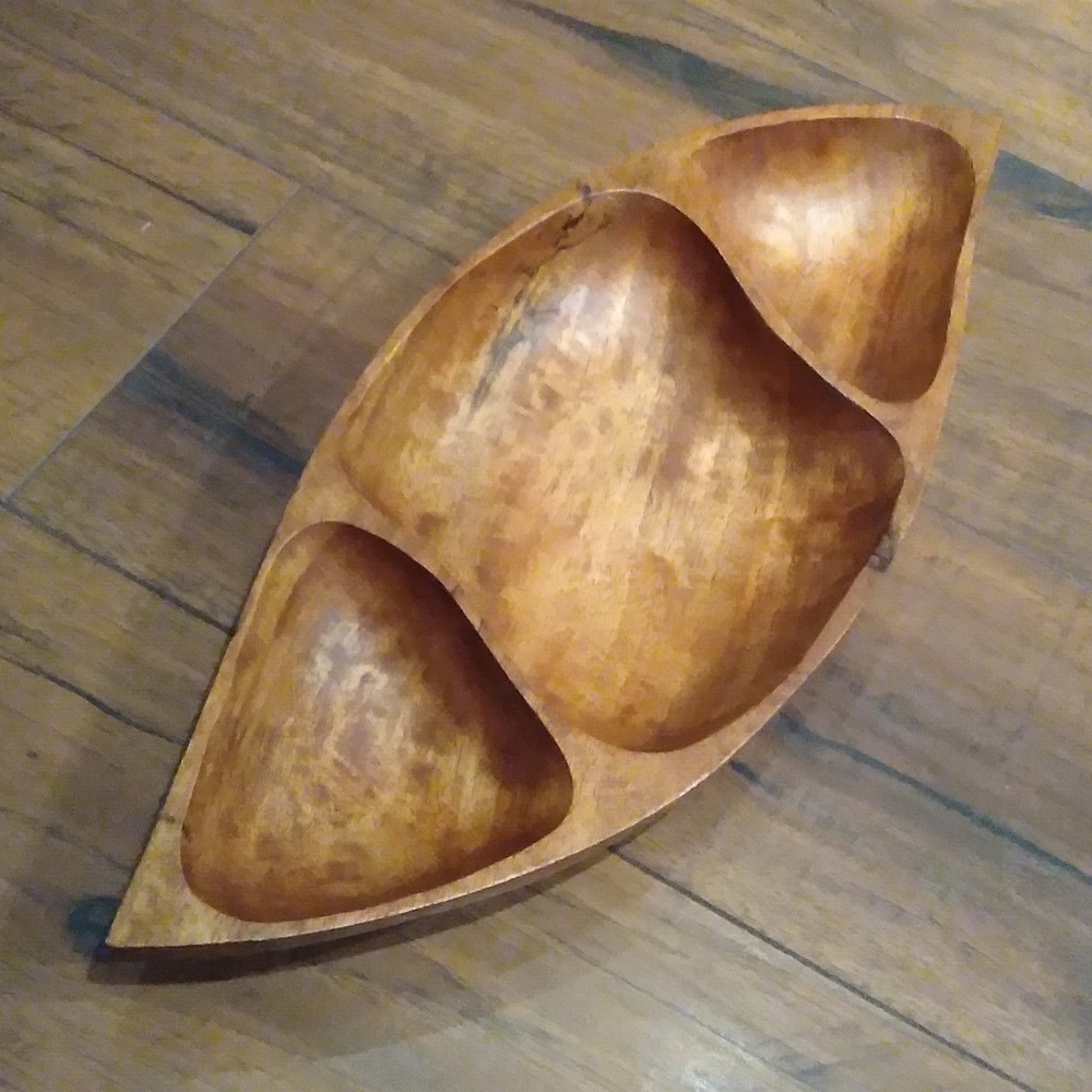 Vintage Handmade Monkey‎ Pod Wood 3 Compartment Divided Serving Tray Philippines
